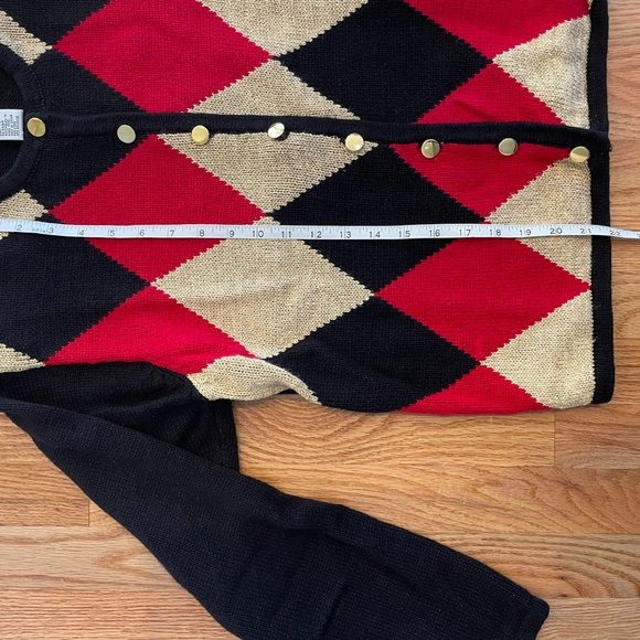 LISE J. Vintage Harlequin Argyle Button Down Cardigan Black Red Gold Size Med - Picture 4 of 7